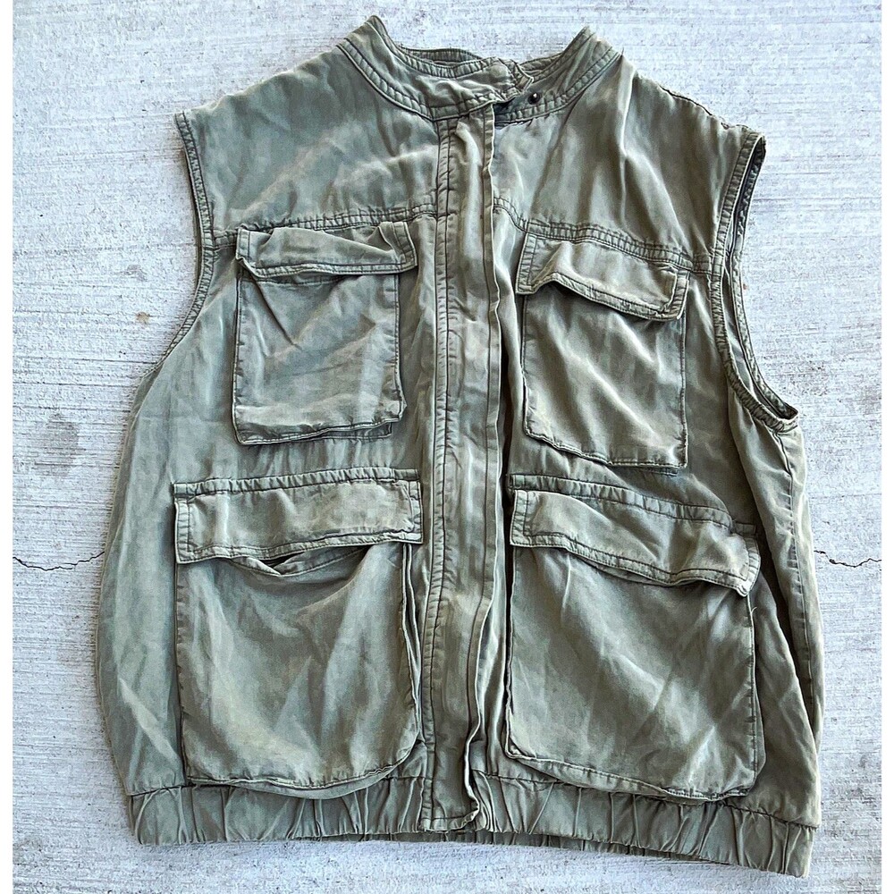 Sanctuary Utility Vest Womens Medium Olive Lyocell Full Zip Pockets Hunting